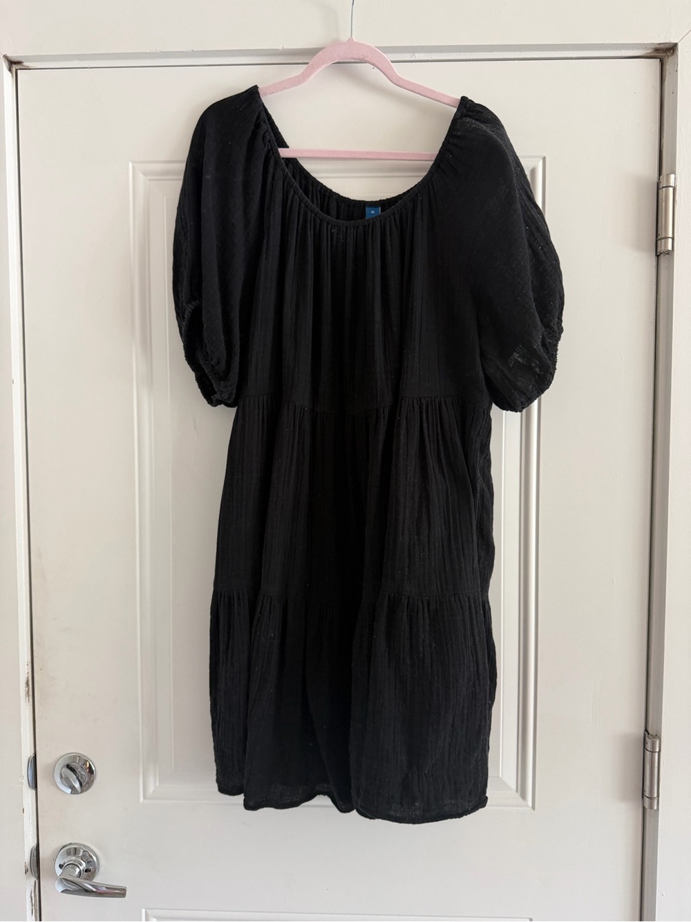 Old Navy Black Puff-Sleeve Tiered Gauze Swing Mini Dress